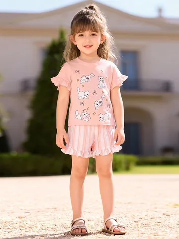 Ensemble d'Été en Coton pour Filles T-Shirt Rose avec Manches Volantées et Imprimé Chat et Short Rayé à Volants