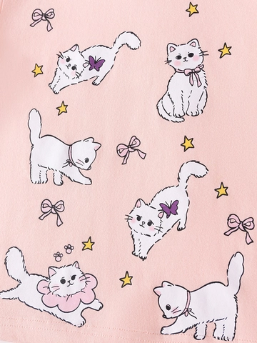 Ensemble d'Été en Coton pour Filles T-Shirt Rose avec Manches Volantées et Imprimé Chat et Short Rayé à Volants
