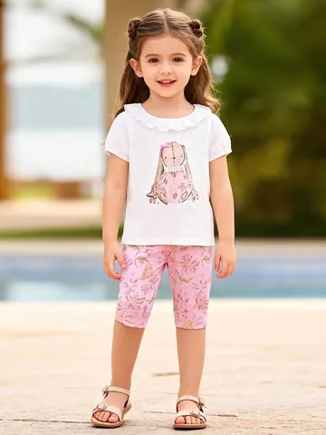 Mädchen Sommer Baumwolle Kurzarm T-Shirt Und Blumen Kaninchen Druck Hose Top Und Leggings Set Für Kleinkinder Kinder Süßer Westlicher Stil