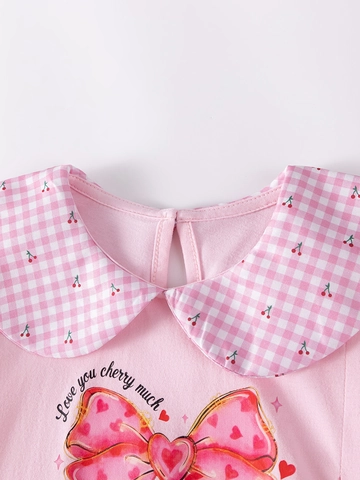 Vestito in Cotone Rosa Estivo da Ragazza Con Stampa Ciliegia e Fiocco Colletto Peter Pan Maniche a Sbuffo Carino Bambina