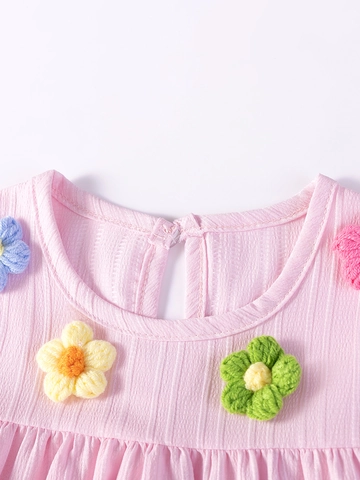 Girls Summer Dress Short Sleeve Polyester Princess Dress With Colorful Crochet Flowers Textured Fabric For Kids Daily wear