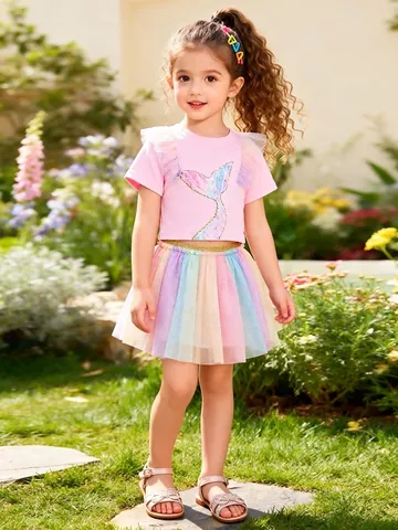 Ensemble de Vêtements d'Été pour Petite Fille T-Shirt Rose Manches Courtes Sirène et Jupe Tutu en Maille Arc-en-Ciel Coton