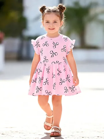 Robe d'Été à Manches Courtes pour Filles 100% Coton Rose à Volants Manches Volantes Motif Nœud Robes de Princesse Décontractées pour Enfants