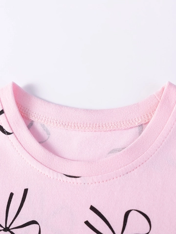 Robe d'Été à Manches Courtes pour Filles 100% Coton Rose à Volants Manches Volantes Motif Nœud Robes de Princesse Décontractées pour Enfants