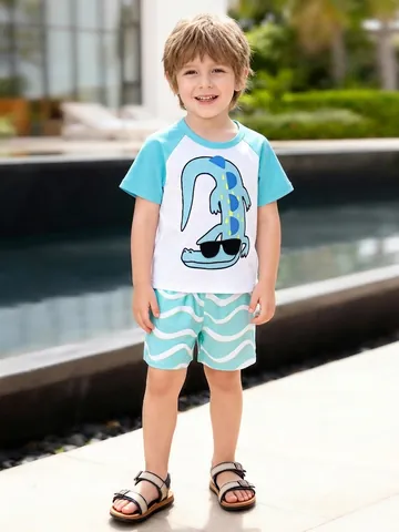 Ensemble T-Shirt et Short en Coton pour Garçons Été Imprimé Crocodile Raglan Décontracté Tenue Deux Pièces Enfant