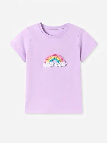Little Maven Meisjes Katoen T-Shirt met Korte Mouwen Leuke Cartoon Kat Regenboog Applique Zomer Ademende Kinder Top