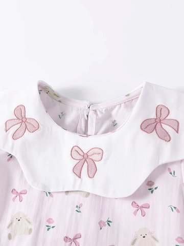 Abito in Cotone Rosa Dolce per Ragazze Stampa Floreale a Coniglio Manica Corta Colletto Peter Pan Ricamo Fiocco Gonna Estiva