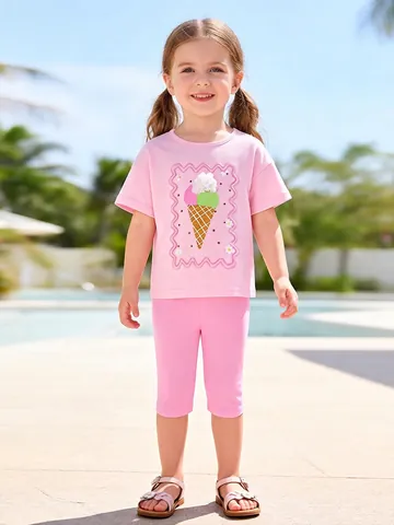 Meisjes Zomer Katoen T-Shirt En Shorts Schattig Ijs 3D Bloem Decor Korte Mouw Top Pullover Broek Peuter Kleding