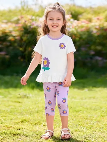 Completo Estivo da Ragazza T-Shirt Bianca a Maniche Corte e Pantaloni a Fiori Viola Due Pezzi in Cotone Abbigliamento Casual