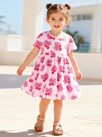 Vestito Estivo a Maniche Corte in Cotone per Bambina Rosa Fiocco Ciliegia Girocollo Gonna da Principessa Casual