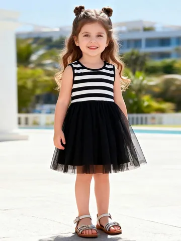 Robe de Princesse à Rayures Sans Manches en Mesh Pour Filles Décontractée en Coton Patchwork Tutu Robe d'Été Pour Enfants Tenues de Fête