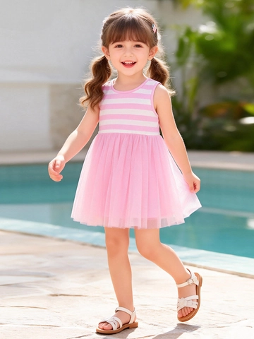 Robe de Princesse à Rayures Sans Manches en Mesh Pour Filles Décontractée en Coton Patchwork Tutu Robe d'Été Pour Enfants Tenues de Fête