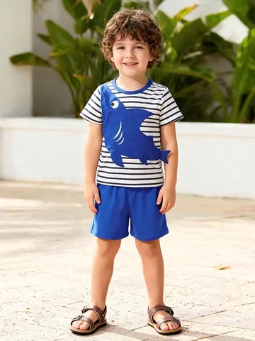Ensemble de Vêtements d'été pour Garçons à Rayures Requin T-shirt à Manches Courtes et Short en Coton Décontracté Deux Pièces