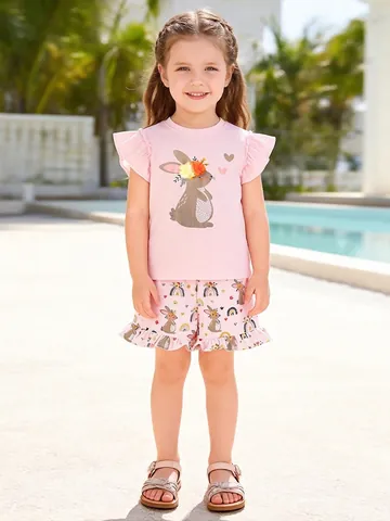 Vestiti Estivi in Cotone per Bambine Top e Pantaloncini Rosa Con Stampa Coniglio Arcobaleno Maniche a Volant Outfit per Bambini