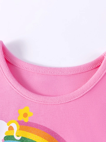 Abito da Bambina Rosa a Maniche Corte Con Stampa Cartone Animato Unicorno Arcobaleno Patchwork in Mesh Tutu Vestito da Principessa Estate Casual