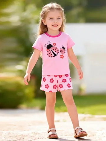 Ensemble De Vêtements D'Été En Coton Pour Filles Imprimé Floral Coccinelle T-Shirt À Manches Courtes Et Short Tenue Souple