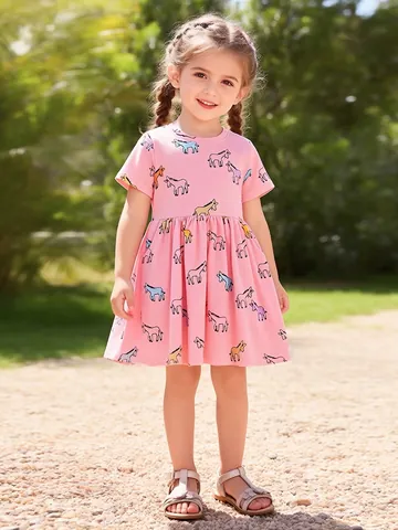 Girls Cotton Blend Short Sleeve Cartoon Print Dress For Summer Pink Animal Pattern Pleated Casual Dress Children Clothing