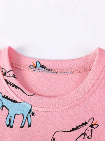 Girls Cotton Blend Short Sleeve Cartoon Print Dress For Summer Pink Animal Pattern Pleated Casual Dress Children Clothing