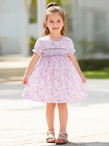 Abito a Maniche Corte in Cotone per Bambine Con Punto Smock Stampa Floreale Estivo Stile Occidentale Abito Casual a Linea A