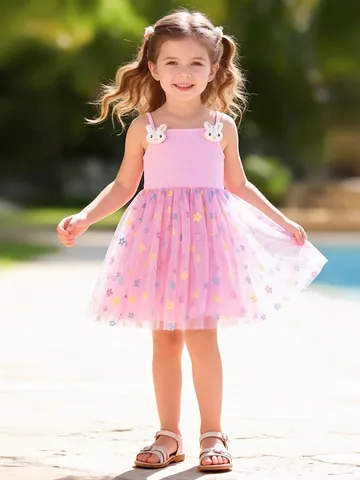Robe Tutu Rose pour Petites Filles en Coton et Mesh Robe de Princesse Avec Décoration Lapin Imprimé Floral Tenue d'Été