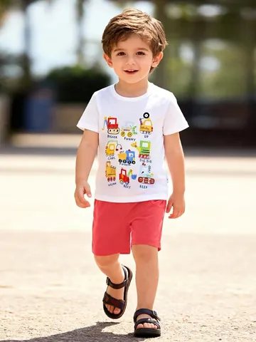 Completo Estivo per Bambino in Cotone Con Stampa Veicoli da Cantiere Top e Pantaloncini Abbigliamento Morbido Traspirante