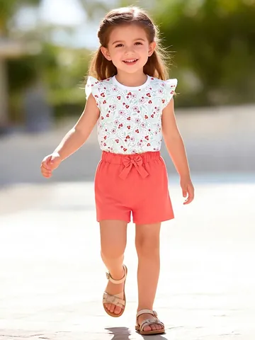 Ensemble d'Été Fille Little Maven Haut à Fleurs Manches Volantes et Short Orange Corail avec Nœud en Coton
