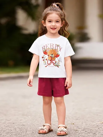 Ensemble de Vêtements d'Été pour Filles 100% Coton Imprimé Ours T-Shirt à Manches Courtes et Short Tenue Décontractée Enfants
