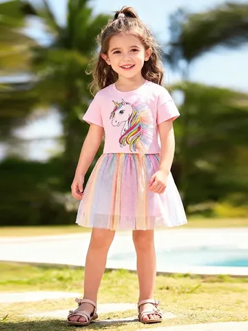 Little Maven Toddler Girls Summer Clothing Set Pink Unicorn Short Sleeve T-Shirt Rainbow Mesh Tulle Skirt 2-Piece Outfit