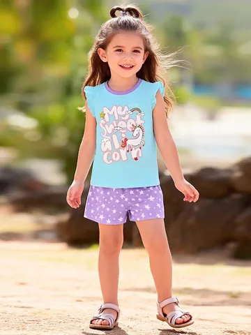 Mädchen Sommer Baumwolle T-Shirt Tanktop und Shorts Set Einhorn Regenbogen Druck Süßes Freizeitoutfit Für Kinder
