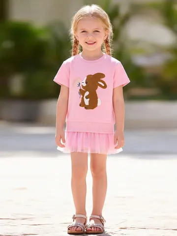 Meisjes Katoenen Jurk Met Korte Mouwen Met Schattige Konijnenapplicatie En Mesh Tutu Rok Zomer Casual Kinderkleding