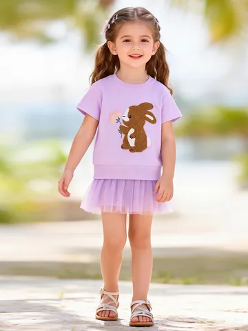 Meisjes Katoenen Jurk Met Korte Mouwen Met Schattige Konijnenapplicatie En Mesh Tutu Rok Zomer Casual Kinderkleding