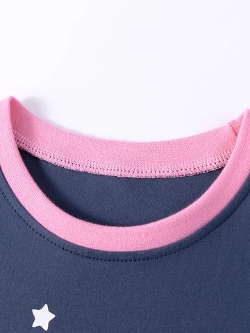 Completo da Bambina T-Shirt in Cotone a Maniche Corte e Pantaloncini Blu Marino con Stampa Gatto e Luna