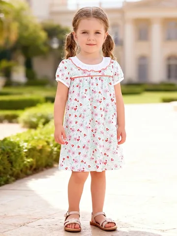 Little Maven Vestito a Fiori per Bambine Manica Corta Colletto a Volant Cotone Estate Principessa Festa Linea ad A per 2-7 Anni