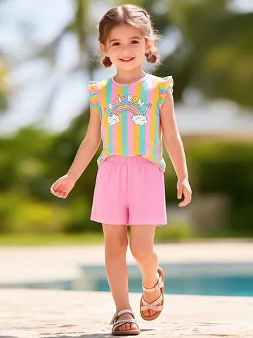 Little Maven Magliette a Maniche Corte e Pantaloncini da Bambina in Cotone con Motivo Unicorno Arcobaleno Completo Estivo
