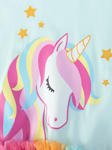 Girls Unicorn Print Rainbow Mesh Princess Dress Cotton Short Sleeve Cartoon Tutu Skirt Casual Summer Party Dress For Kids