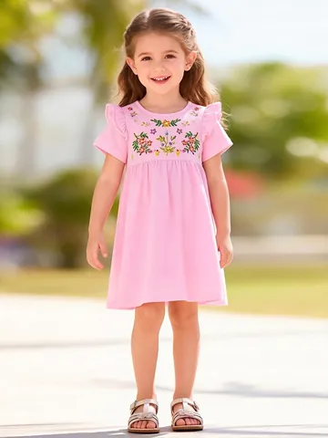 Mädchen Rosa Baumwolle Sommerkleid Blumenstickerei Kurzarm Rüschen Fly Sleeve A-Linie Lässiges Partykleid Für Kinder