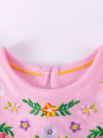 Mädchen Rosa Baumwolle Sommerkleid Blumenstickerei Kurzarm Rüschen Fly Sleeve A-Linie Lässiges Partykleid Für Kinder