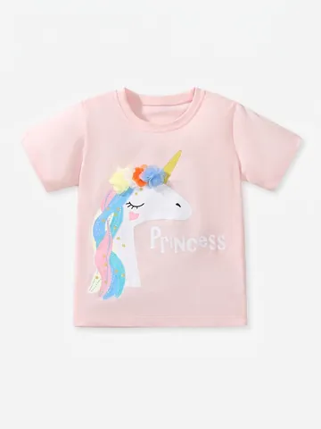 Little Maven Mädchen Baumwolle T-Shirt Kurzarm Pink Einhorn Prinzessin Tee Mit 3D Netz Blumen Dekoration Kinder Sommer Top