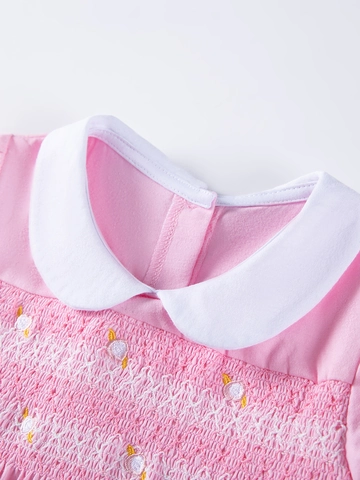 Kleine Mädchen Baumwolle Smocking Kleid Peter-Pan-Kragen Kurzarm Stickerei A-Linie Prinzessin Kleid Für Kinder Rosa