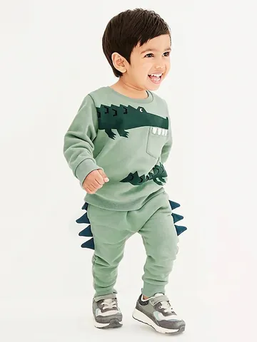 Ensemble Sweat à Capuche et Pantalon Doublé de Polaire pour Garçons Vert Crocodile Dessin Animé Sweat-shirt à Manches Longues Jogging Vêtements Enfants