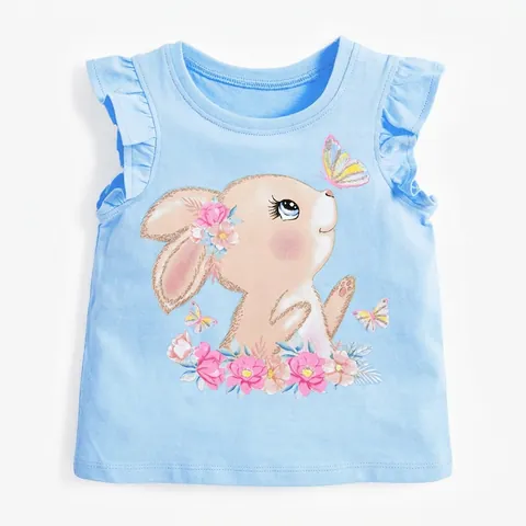Maglietta in Cotone per Bambine Carino Coniglio Cartone Animato Floreale Volant Manica Girocollo Estate Casual Top