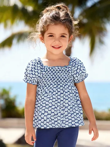 T-Shirt Fille en Coton à Fleurs Avec Détails Smockés et Volants Haut Décontracté d'Été Manches Bouffantes Col Rond