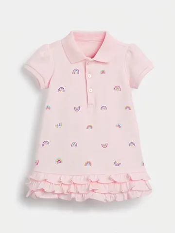 Abito Polo da Ragazza in Cotone Manica Corta Stampa Arcobaleno Orlo con Volant Abito Estivo per Bambini Dolce Outfit Quotidiano