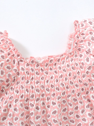 T-shirt à Manches Courtes en Coton Floral pour Filles Rose Manches Bouffantes Col Volanté Bébé Enfants Été Haut Décontracté