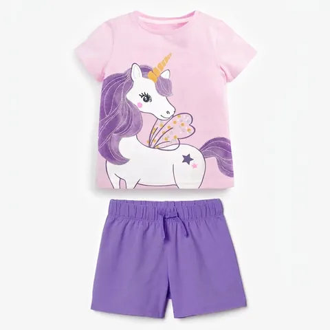 Little Maven Vêtements d'Été pour Filles en Coton à Manches Courtes Imprimé Licorne Haut et Short pour Enfants Style Européen