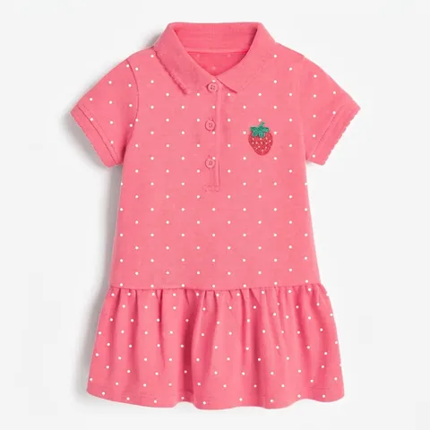 Girls Cotton Polo Dress Short Sleeve Printed Ruffle Hem Casual Summer T-Shirt Dress With Cartoon Unicorn Strawberry Pattern