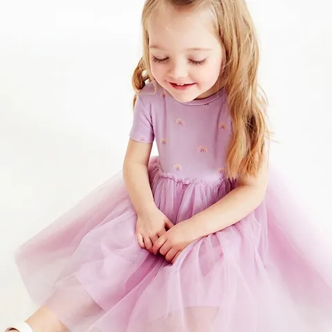 Abito Tutu da Principessa per Bambina Stampa Arcobaleno Manica Corta in Rete Tulle Lavanda per Festa Estiva Vestiti per Bambini