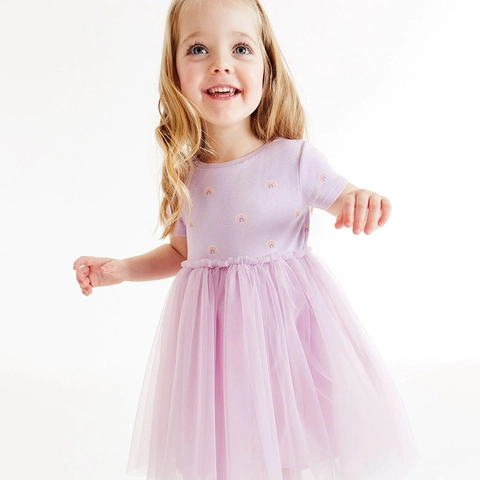 Abito Tutu da Principessa per Bambina Stampa Arcobaleno Manica Corta in Rete Tulle Lavanda per Festa Estiva Vestiti per Bambini