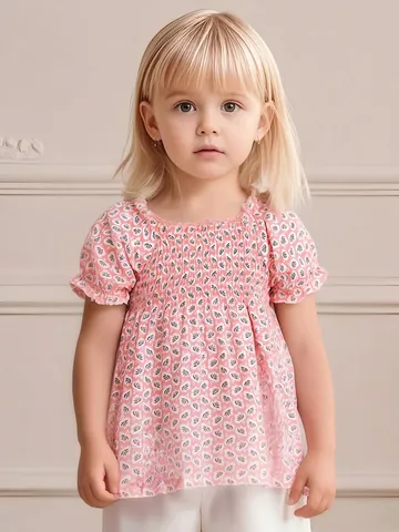 T-shirt à Manches Courtes en Coton Floral pour Filles Rose Manches Bouffantes Col Volanté Bébé Enfants Été Haut Décontracté