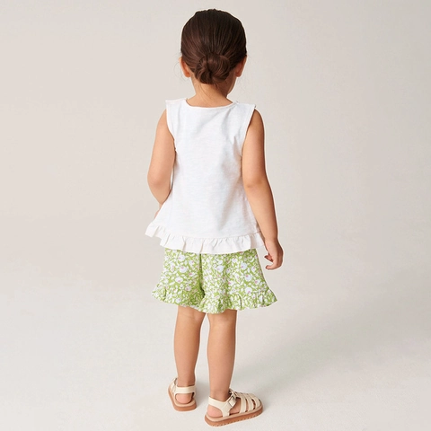 Completo Estivo da Ragazza in Cotone Con Applique Floreale Top Senza Maniche E Pantaloncini Floreali Verdi Orlo Con Volant